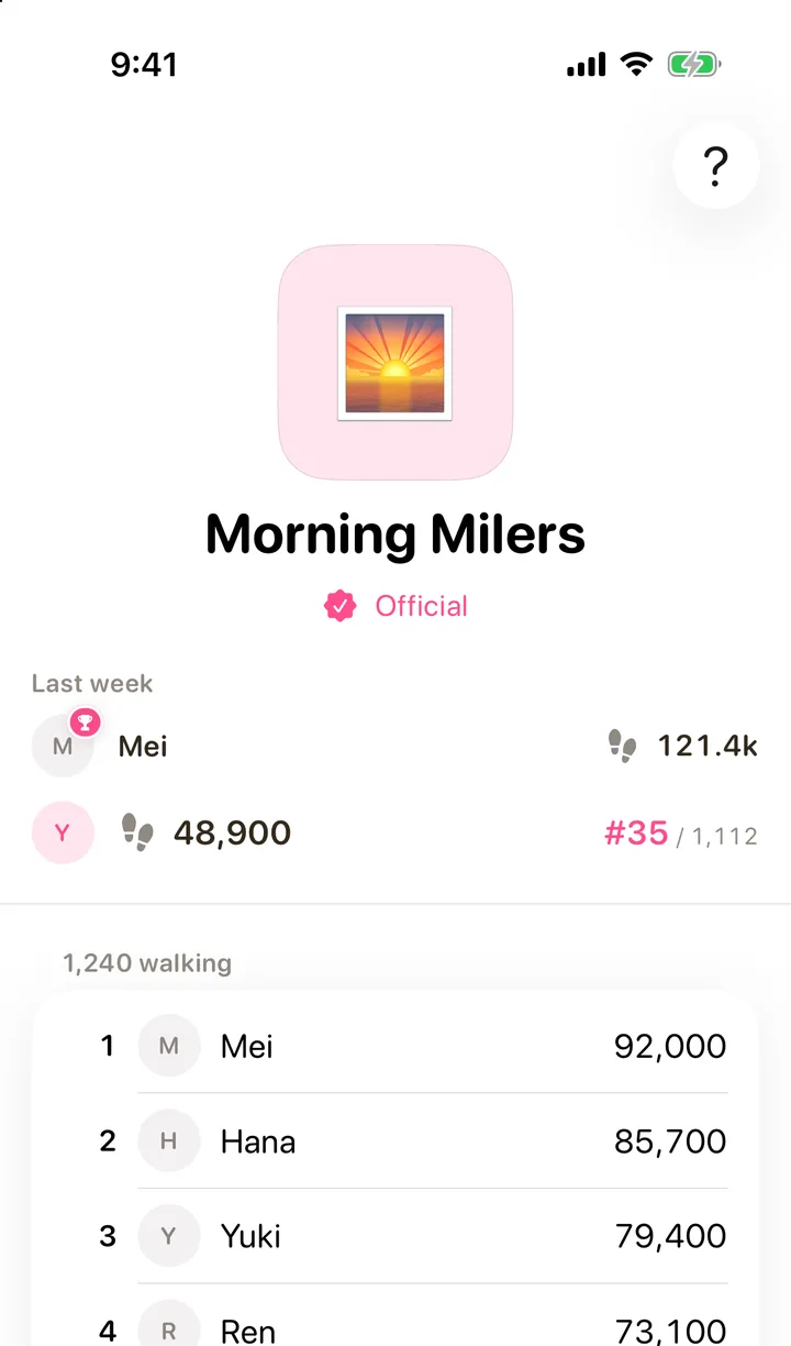 A Walk Flower step race on iPhone: last week’s winner at the top, then this week’s leaderboard ranked by steps